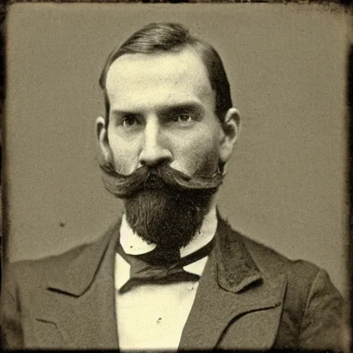 Prompt: A photograph portrait of Jerma985 with a pyramidal mustache in the late 1800s, taken in the late 1800s, 1870s, grainy, taken on a Field View Camera, realistic, hyperrealistic, very realistic, highly detailed, very detailed, extremely detailed, detailed, digital art, trending on artstation