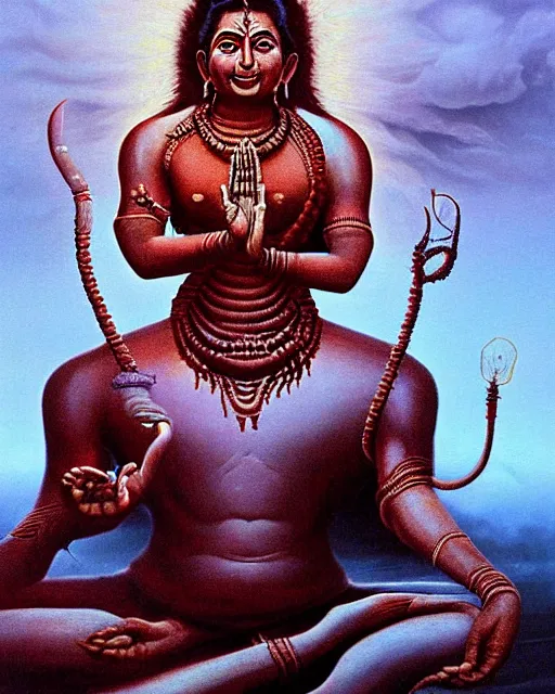 Prompt: One many-armed Shiva sits in the lotus position. Nuclear explosion on the background. Dark colors, extremely high detail, hyperrealism, horror art, masterpiece, close-up, biopunk, body-horror, ceremonial portrait, solo, rich deep colors, realistic, art by Yoshitaka Amano, Beksinski