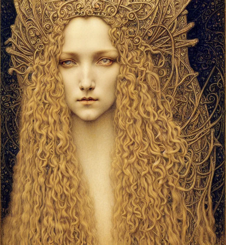 Image similar to detailed realistic beautiful young medieval queen face portrait by jean delville, gustave dore and marco mazzoni, art nouveau, symbolist, visionary, gothic, pre - raphaelite. horizontal symmetry