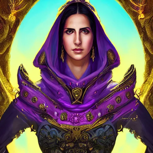 Prompt: head-on centered symmetrical painted portrait, Katrina Kaif as a D&D Sorcerer, hood, intricate purple and gold fantasy robes, fantasy, intricate, elegant, highly detailed, digital painting, smooth, sharp focus, illustration, dramatic lighting, artstation, in the style of Artgerm and Anna Podedworna and Alex Ross