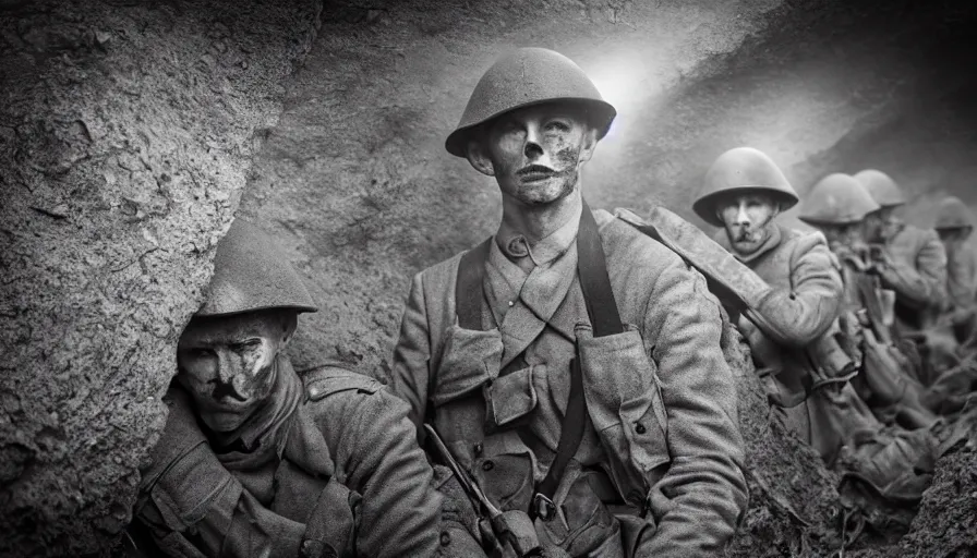 Prompt: World War 1 soldier ghosts in abandoned trenches, cinematic lighting, IMAX cinematography