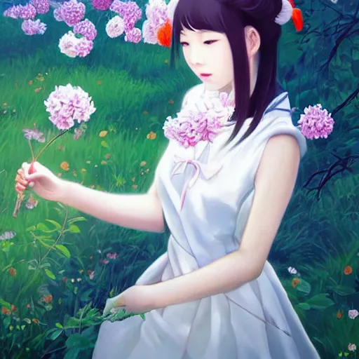 Image similar to little chinese girl with flowers in hair wearing an white dress. art by ilya kuvshinov, profile picture, inspired in hirohiko araki, realistic, highly detailed, 8 0 s anime art style, vogue cover