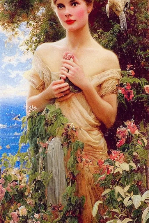 Image similar to A young and extremely beautiful Grace Kelly explaining the birds and the bees in the style of Gaston Bussière, art nouveau, art deco, surrealism. Extremely lush detail. Perfect composition and lighting. Very surreal flowers and animals and setting. Sultry.