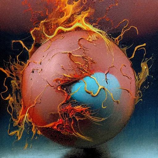 Image similar to a sphere being devoured by abstract splatters of paint in the style of francis bacon, venus being engulfed in flames in the style of james jean, surreal, beksinski, high detailed