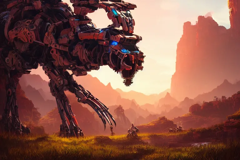 Image similar to tallneck machine mecanical creature robot of horizon forbidden west horizon zero dawn radiating a glowing aura global illumination ray tracing hdr fanart arstation by ian pesty and alena aenami artworks in 4 k