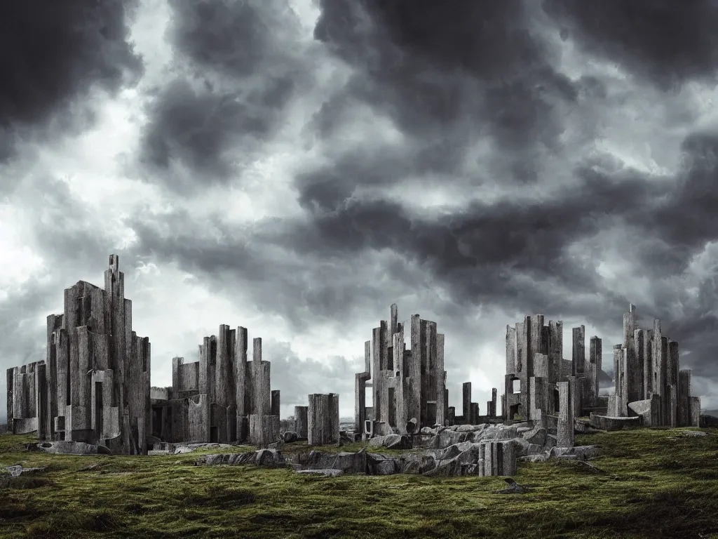 Prompt: photo of a brutalist symmetric cathedral built over a rocky hill, in the middle of a storm. realistic clouds. impressive, magical, very atmospheric, cinematic, stunning, masterpiece, romantic, justin gerard, paul bonner, cover photo, very detailed. 4 k