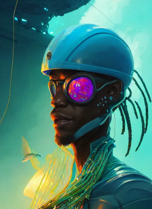 Prompt: portrait of a jamaican fisherman sci - fi glowing fishing armor jamaican colors muscular cyberpunk intricate elegant highly detailed digital painting artstation concept art, ocean fish background, greg rutkowski, loish, rhads, ferdinand knab, makoto shinkai and lois van baarle, ilya kuvshinov, rossdraws, tom bagshaw