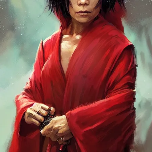 Image similar to portrait of a woman by greg rutkowski, jedi queen, half asian, black bob hair, star wars expanded universe, she is about 5 0 years old, wearing jedi red robes.