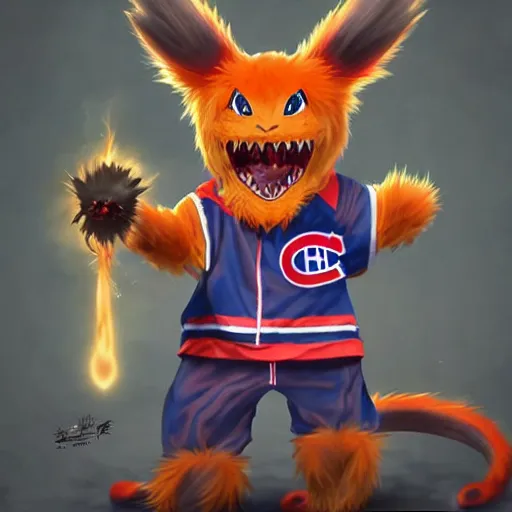 Prompt: scary anime Portrait of Youppi the Habs Montreal Canadiens Mascot as a very cute powerful and violent pokemon, highly detailed anime, high evolution, 1990s, legendary, smooth, sharp focus, dynamic lighting, intricate, trending on ArtStation, stuff of nightmare, illustration pokemon, art by WLOP