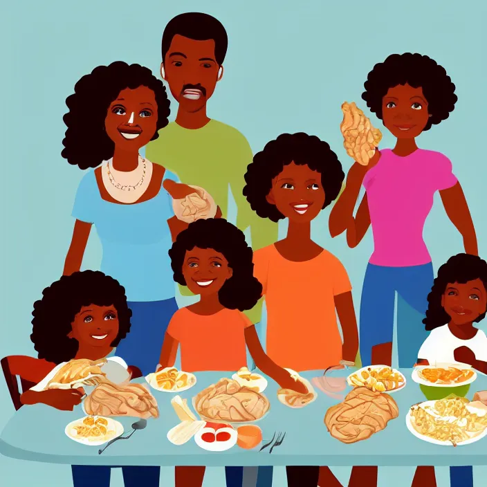 Prompt: African American family in 1979 with two daughters and a son eating chicken, mash potatoes, and rolls for dinner. Cartoon version