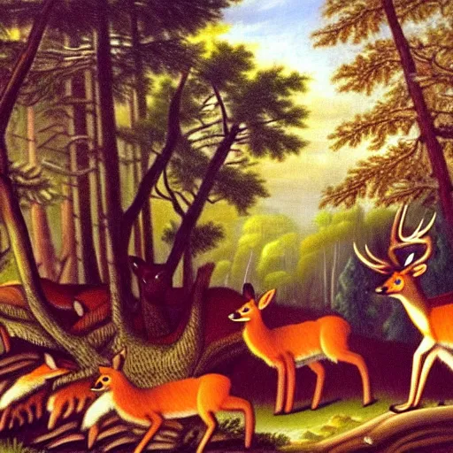 Image similar to a deer king wearing a crown in a forest clearing. a fox, bear and wolf are bowing before the deer. oil painting.