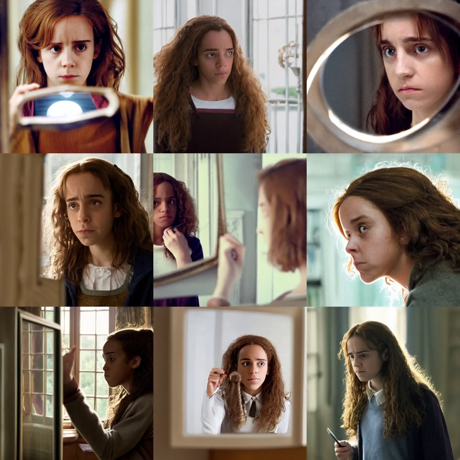 Prompt: Hermione Granger looking at a mirror, confused, scratching her head