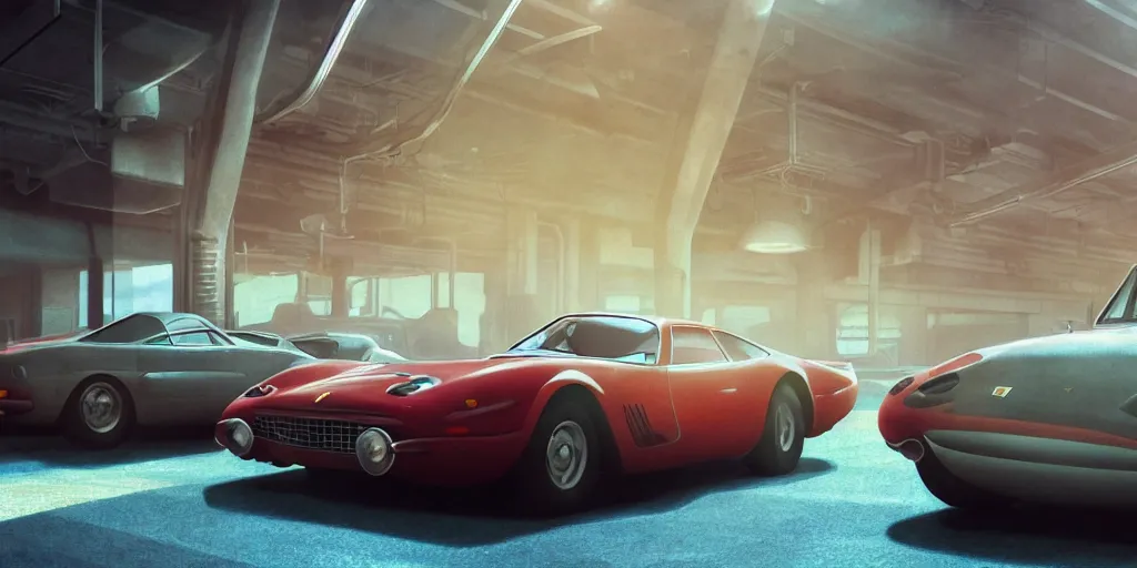 Prompt: a wholesome animation key shot of a focused old ferrari car parked in an multi-storey car park, medium shot, waist up, studio Ghibli, Pixar and Disney animation, sharp, very detailed, high resolution, Rendered in Unreal Engine 5, anime key art by Greg Rutkowski, Bloom, dramatic lighting