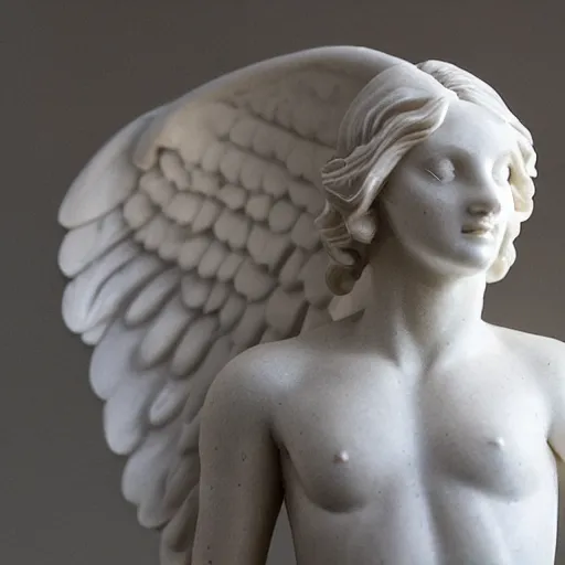 Prompt: studio photo of a marble sculpture, in the shape of an angel. baroque details. museum. close up photo. bokeh. photorealistic, ultra detailed.