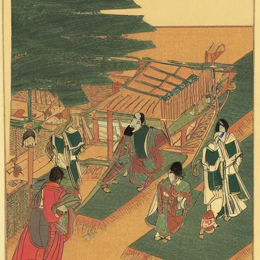 Image similar to late meiji period, colored woodblock print, arabian brigands