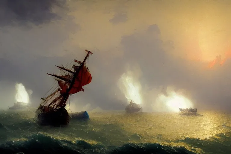 Image similar to Magical Maelstrom of fire and ice in the sea, destroying boats, islands, painting by Ivan Aivazovsky and Greg Rutkowski, artstation, fantasy, intricate, beautiful, cinematic, octane render, arnold render, 8k, hyper realism, detailed, sharp focus, 4k uhd, masterpiece, award winning