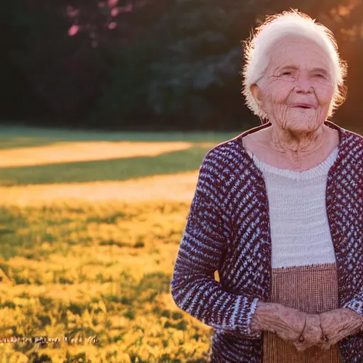 Prompt: Photograph of a kind grandmother at golden hour