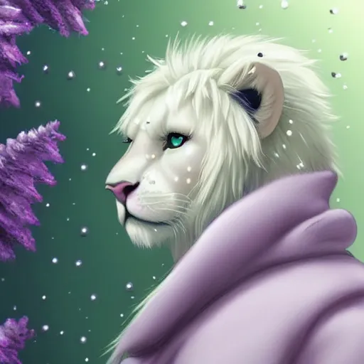 Image similar to aesthetic portrait commission of a albino male furry anthro lion under a lavender bubble filled while wearing a cute mint colored cozy soft pastel winter outfit with pearls on it, winter atmosphere. character design by artgerm, and makoto shinkai, detailed, inked, western comic book art, 2 0 2 0 award winning painting