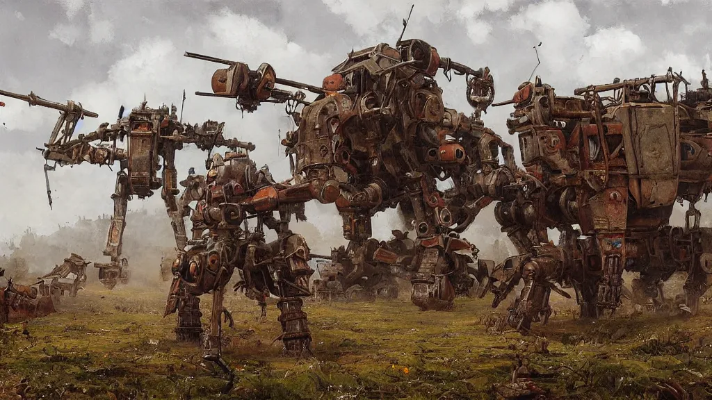 Image similar to 1920's battle in a farming village between bipedal mechs, painted by Jakub Rozalski