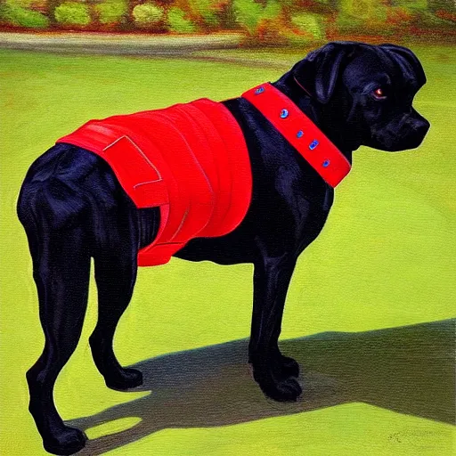 Prompt: painting of a black pitbull lab wearing thin red dog - collar, hyper detailed, thin brush strokes, oil painting