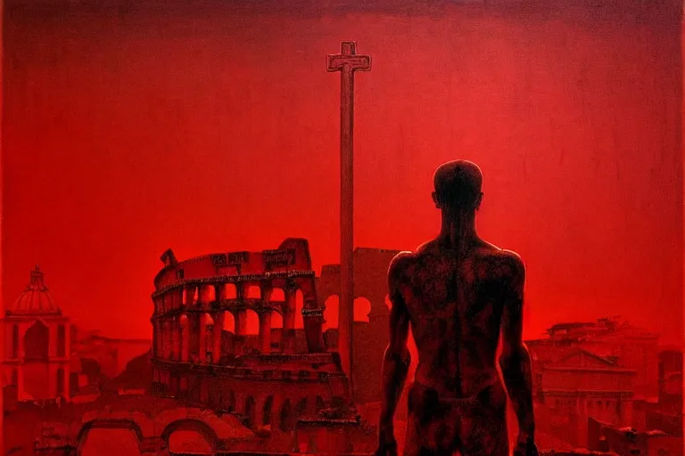 Image similar to only with red, caesar after war, a red tiger, in hoc signo vinces, rome in background, an ancient path, in the style of beksinski, part by hopper, part by rodcenko, part by hofbauer, intricate composition, red by caravaggio, insanely quality, highly detailed, masterpiece, red light, artstation