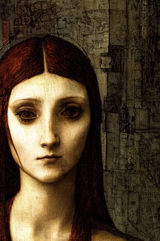 Image similar to a close - up portrait of a cyberpunk cyborg girl, by leonardo davinci, rule of thirds