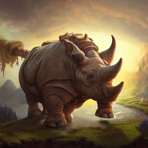 Prompt: an aetherpunk magical rhinoceros, forward facing angle, character design, art by Tooth Wu and justin gerard and Blizzard studios, post-processing, extremely hyperdetailed, intricate complexity, epic composition, masterpiece, trending on artstation