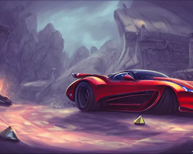 Prompt: sports car photography, deep focus, d & d, fantasy, intricate, elegant, highly detailed, digital painting, artstation, concept art, matte, sharp focus, illustration, hearthstone,