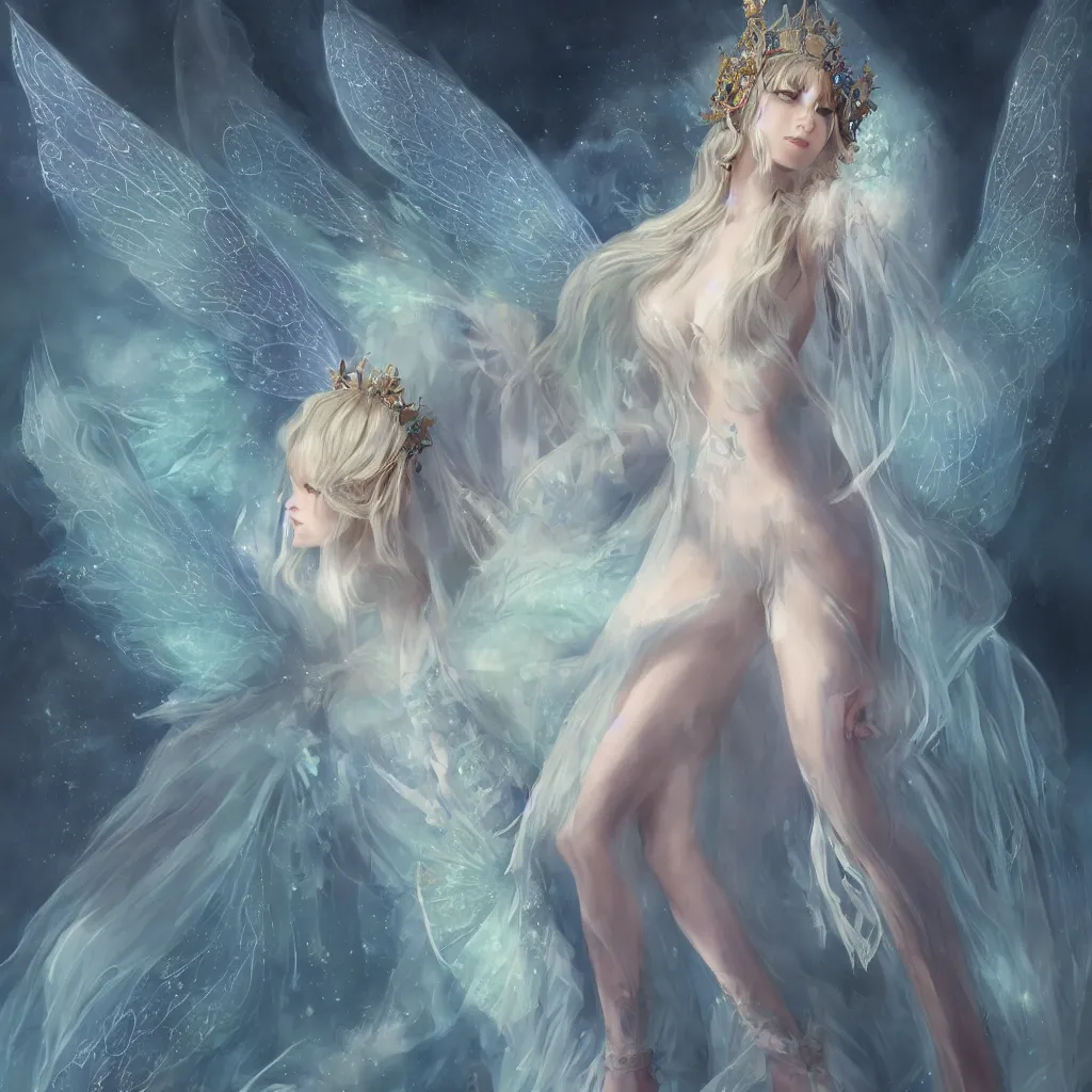 Image similar to a fairy queen with wings wearing a magic silk and lace robe with a hood, crown, pixie, realism, emerald, galaxy, sapphire,blonde hair going down to the floor, moonlit, dark fantasy, ice, icy, pale blue, dramatic lighting, cgsociety, artstation