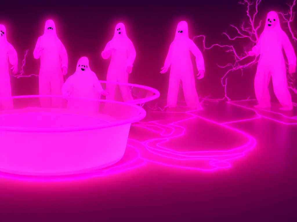 Image similar to ghosts and spirits surrounding a glowing neon pink cauldron hd render