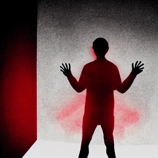 Prompt: Tension building scene person coming out of pitch black shadows with hand and eyes illuminated by red light grasping toward the camera, horror movie, Movie Cinematography, 4k