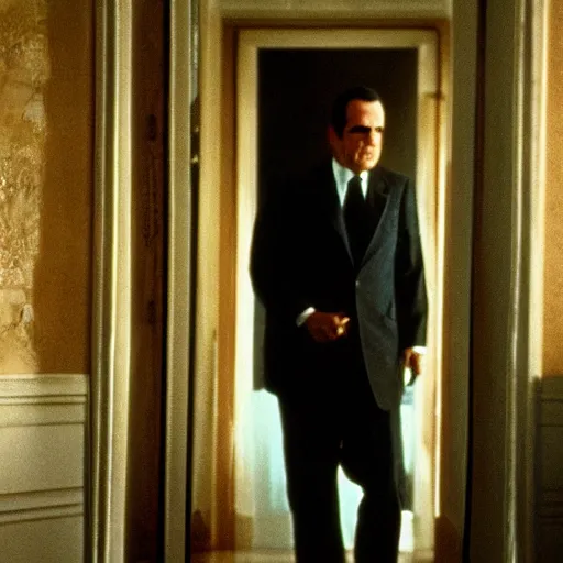 Prompt: A movie still of Richard Nixon in The Shining