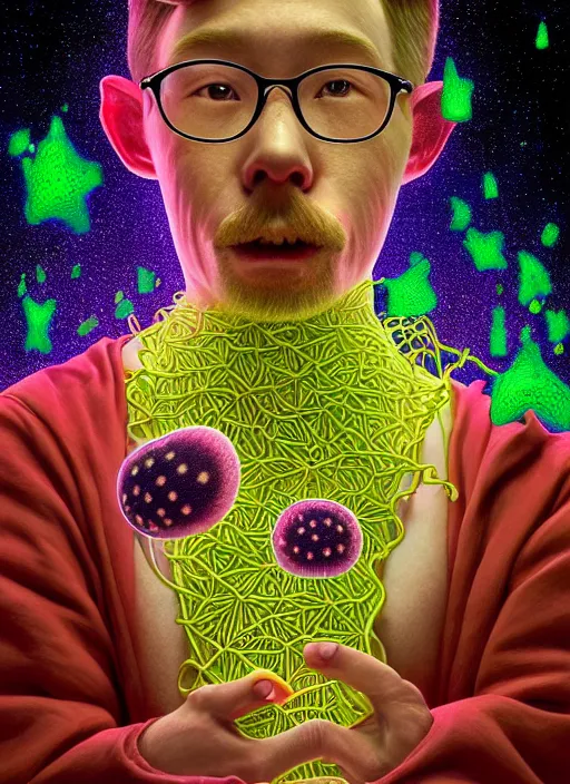 Image similar to hyper detailed 3d render like a Oil painting - kawaii portrait of Hank Green in Aurora (Singer) seen Eating of the Strangling network of yellowcake aerochrome and milky Fruit and Her delicate Hands hold of gossamer polyp blossoms bring iridescent fungal flowers whose spores black the foolish stars by Jacek Yerka, Mariusz Lewandowski, Houdini algorithmic generative render, Abstract brush strokes, Masterpiece, Edward Hopper and James Gilleard, Zdzislaw Beksinski, Mark Ryden, Wolfgang Lettl, hints of Yayoi Kasuma, octane render, 8k