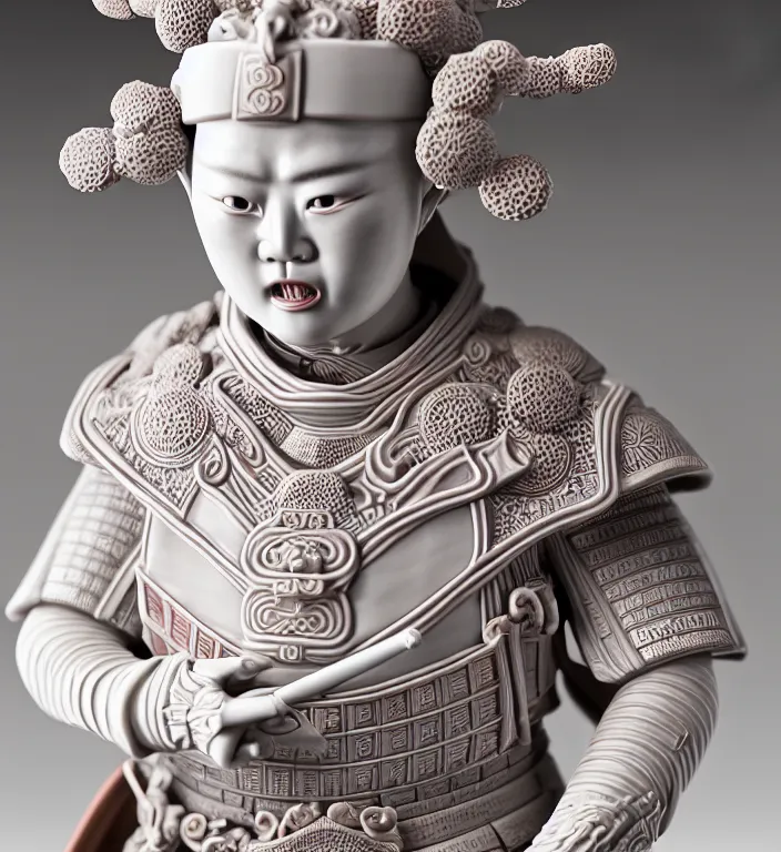 Image similar to Samurai, A Close up photo-real delicate ceramic porcelain sculpture of a symmetrical ornate detailed in front of an intricate background by Victo Ngai and takato yamamoto, micro detail, backlit lighting, face in focus, subsurface scattering, translucent, thin porcelain, octane renderer, colorful, physically based rendering, japanese pottery, trending on cgsociety