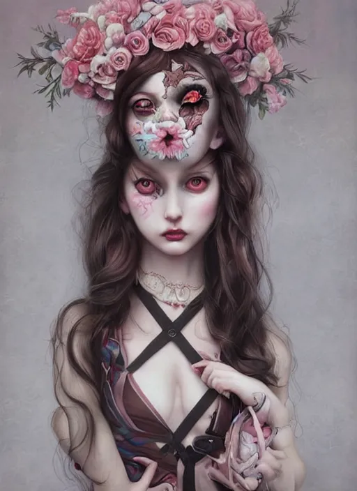 Image similar to pop surrealism, lowbrow art, realistic cute girl painting, body harness, japanese shibari with flowers, hyper realism, muted colours, rococo, natalie shau, loreta lux, tom bagshaw, trevor brown style,