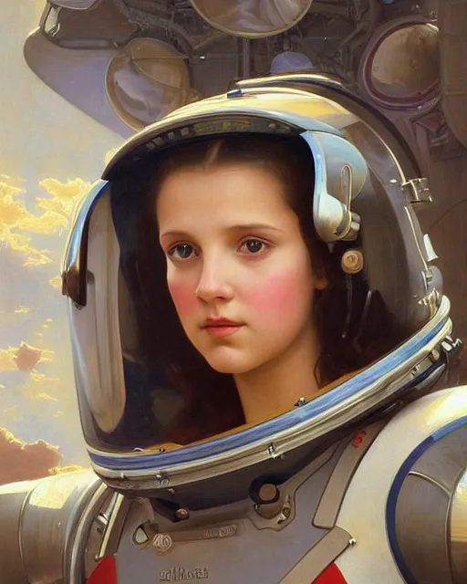 Image similar to a realistic oil painting of a girl resembling alicia vikander or millie bobby brown wearing a spacesuit in a futuristic mechanical spaceship engine, highly detailed, intricate, artstation, by donato giancola and william adolphe bouguereau