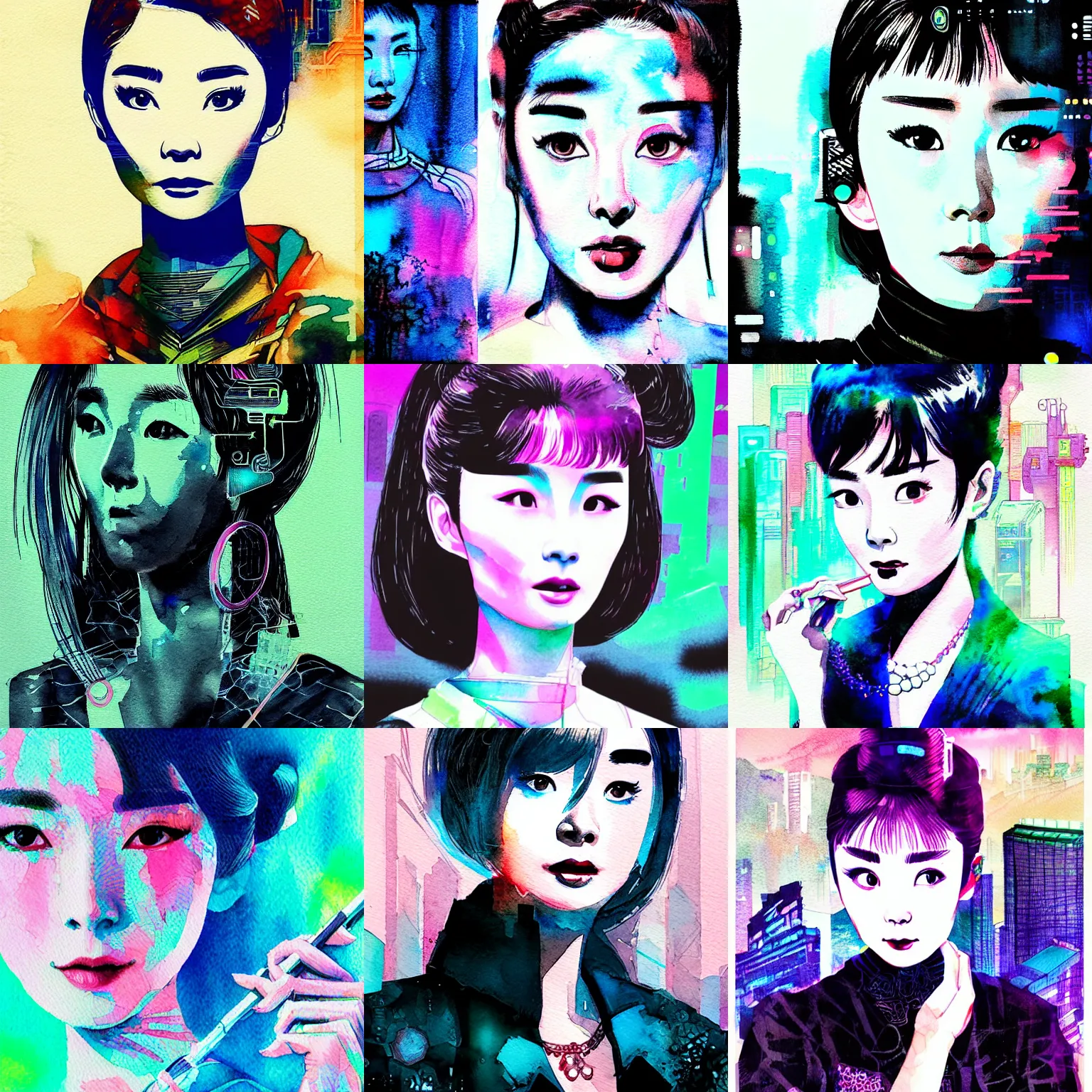 Prompt: korean audrey hepburn, intricate watercolor cyberpunk vaporwave portrait by tim doyle