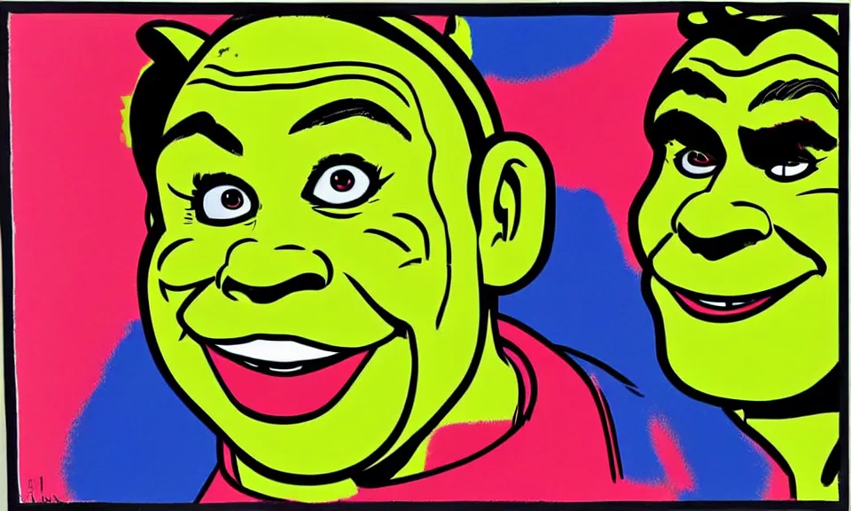 Prompt: a pop art drawing of shrek by andy warhol and roy lichtenstein, 4 k, trending on artstation, detailed, film still