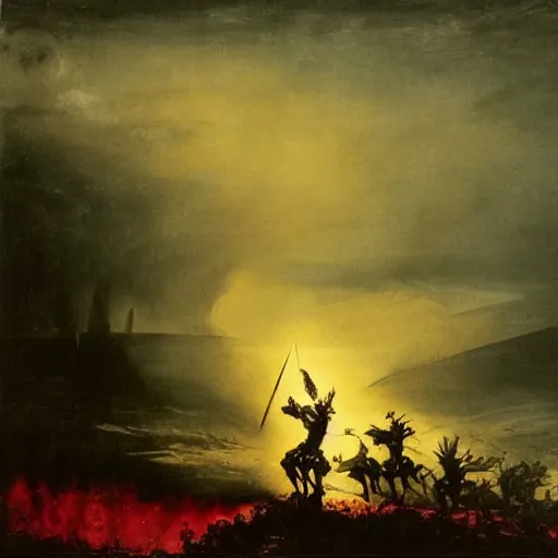 Prompt: holy knight in golden armor with a runnic sword fighting demons in hell, black ground and sky, red sun and rivers of blood, peder balke style