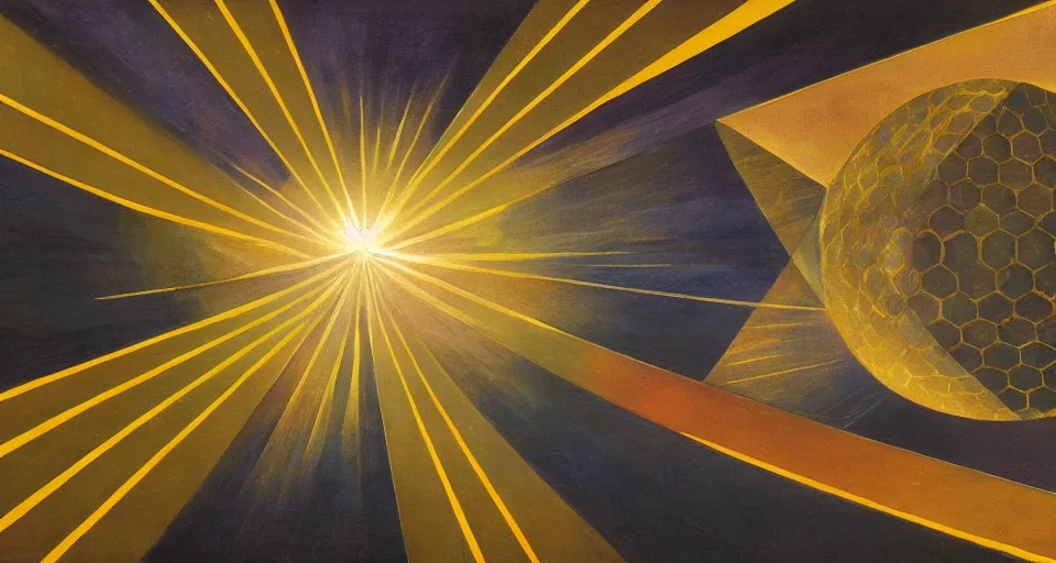 Image similar to hexagonal solar sail between the sun and earth, art deco painting