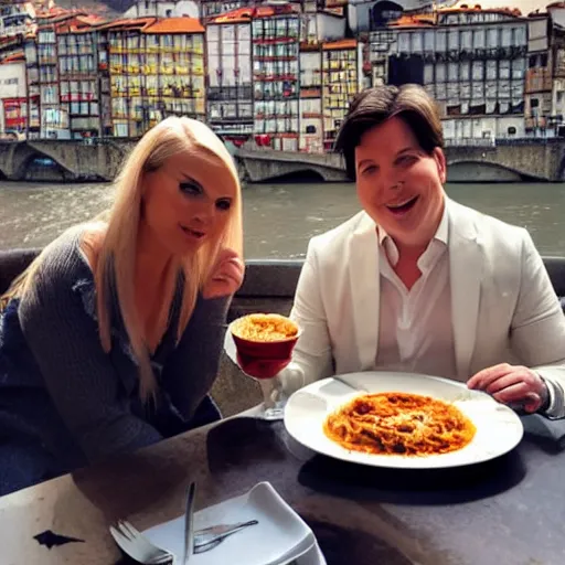 Prompt: a blonde woman & Michael mcintyre eating lasagne in Porto, greg rutkowski