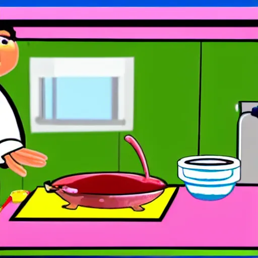 Prompt: a cartoon character that is a shrimp, he is in the kitchen cooking rice, cartoon style, cartoon,