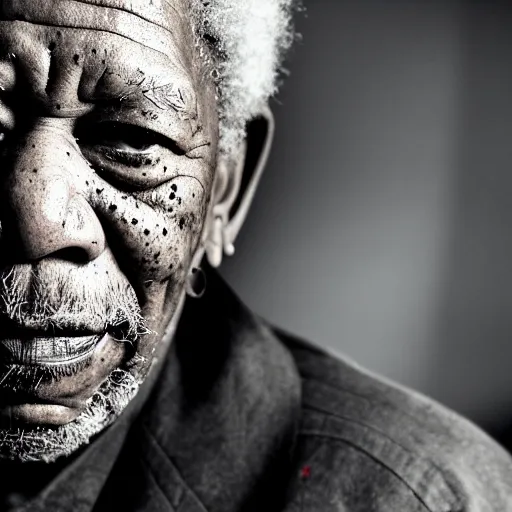 Image similar to a cinematic film still of Morgan Freeman dressed as a punk rocker, portrait, 40mm lens, shallow depth of field, close up, split lighting, cinematic