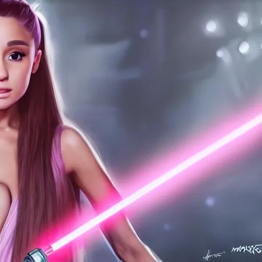 Image similar to A hyper realistic photo of Ariana Grande in the Star Wars universe with two pink lightsabers. Maximum detail on artstation, photo realism