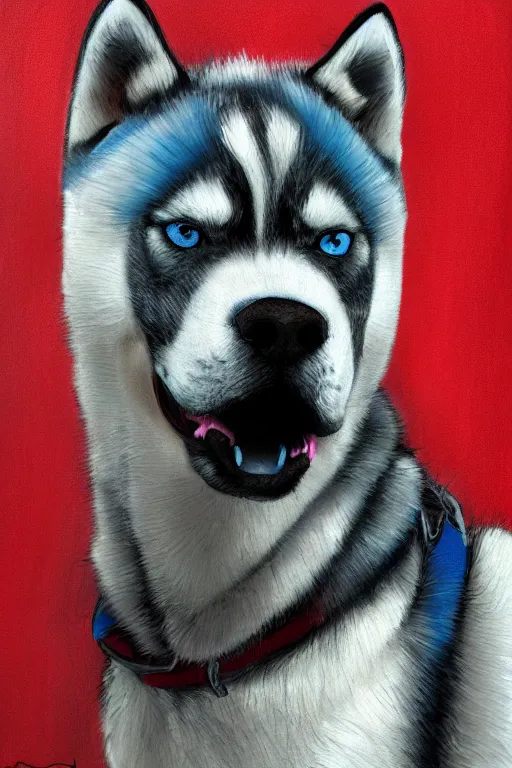 Prompt: a character design of a husky boxer in blue vest, portrait painting, anime, humanoid, anthropomorphic, personify, furry