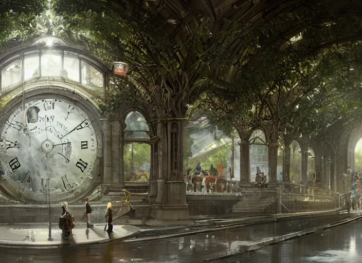 Prompt: A train subway inside a beautiful elven city made of white marble, anime, lush trees, fountain, statue, big clock, information desk, trains, train tracks, a fantasy digital painting by Greg Rutkowski and James Gurney, trending on Artstation, highly detailed