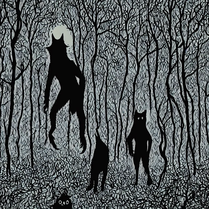 Prompt: werewolf silhouette with many eyes in a dark forest. pulp sci - fi horror art. dark background