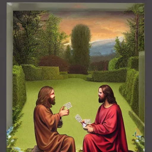 Prompt: Jesus and Satan playing cards in a garden, photorealistic, award winning, 8k, trending on major art outlets,