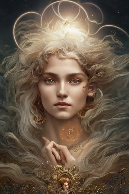 Prompt: wind blowing hair meditation celestial being, dreaming and floating, bust portrait, dnd, fantasy, intricate, elegant, highly detailed, digital painting, artstation, concept art, smooth, sharp focus, illustration, art by artgerm and tom bagshaw and greg rutkowski and alphonse mucha