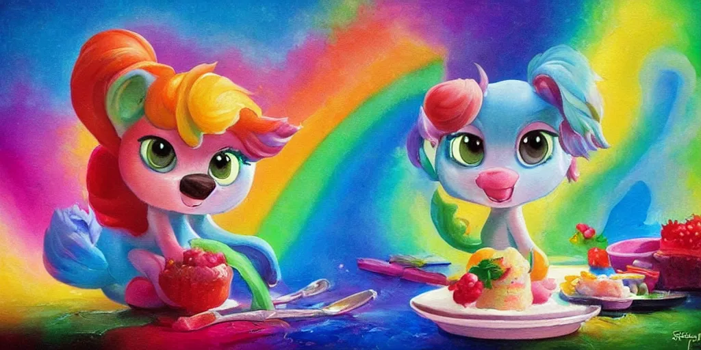 Image similar to rainbow sorbet made in the shape of 3 d littlest pet shop mythical creature, realistic, melting, soft painting, desserts, ice cream, master painter and art style of noel coypel, art of emile eisman - semenowsky, art of edouard bisson